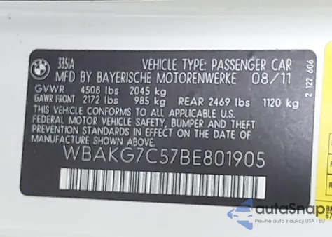 2011 BMW 335I z USA, uszkodzony, nr VIN WBAKG7C57BE801905